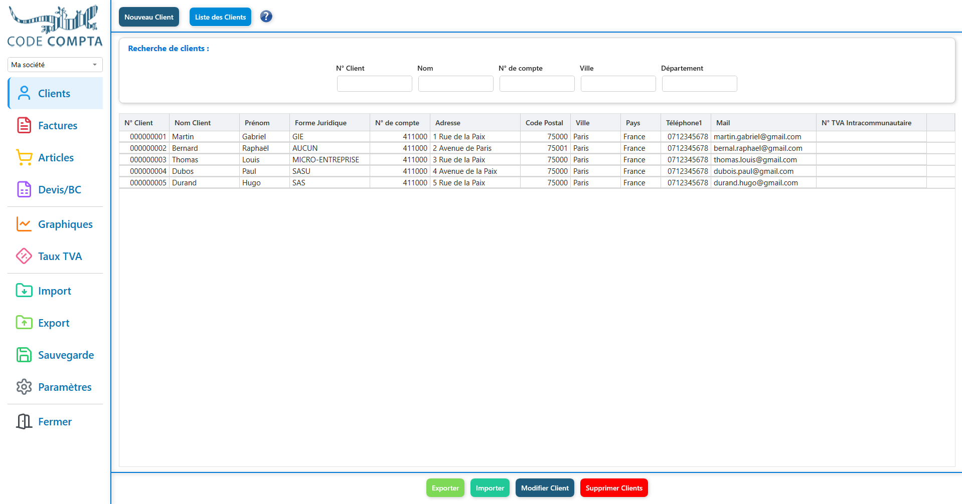 Liste des clients - Code Compta