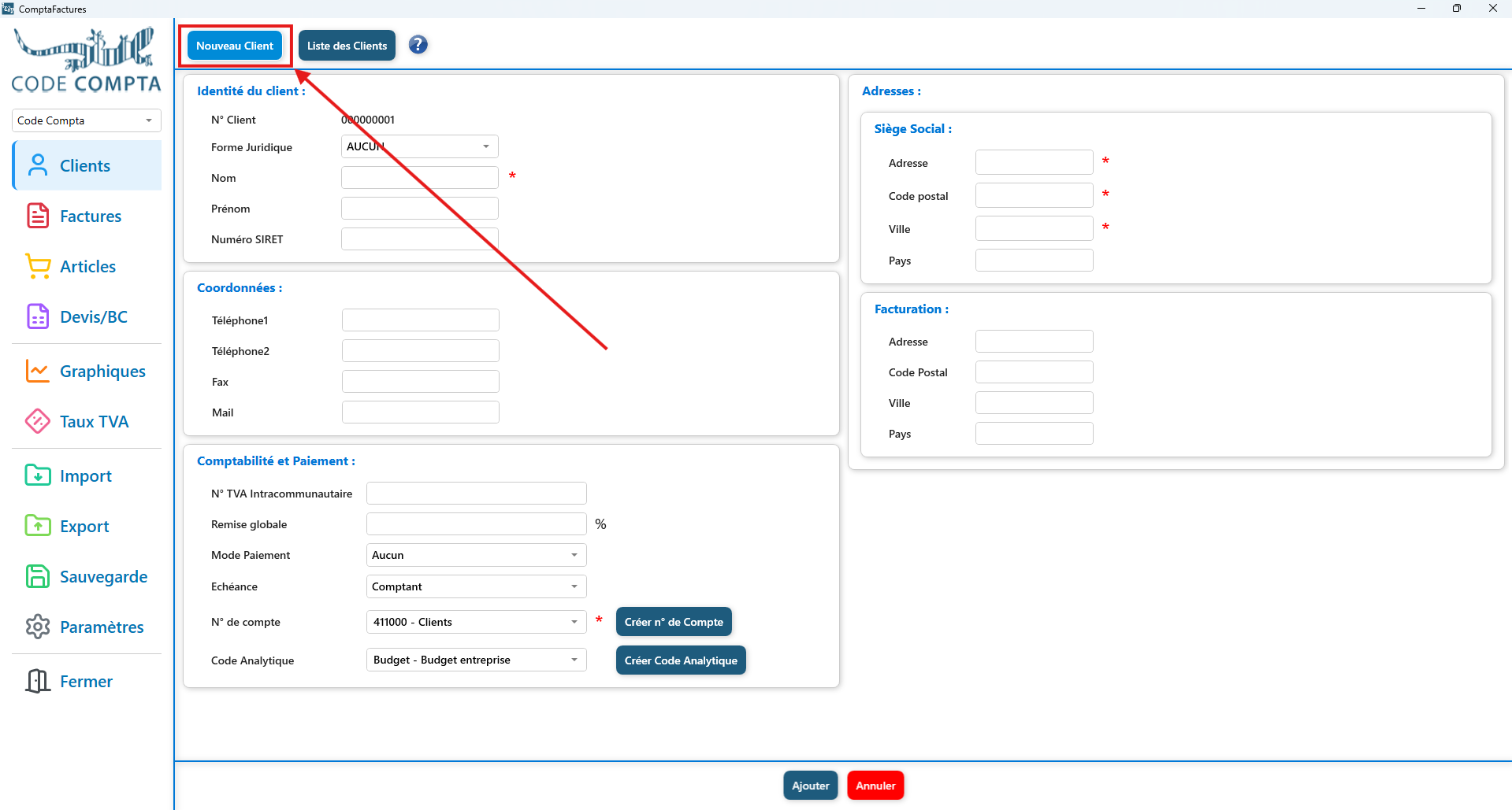 Cliquer sur 'Nouveau client'
